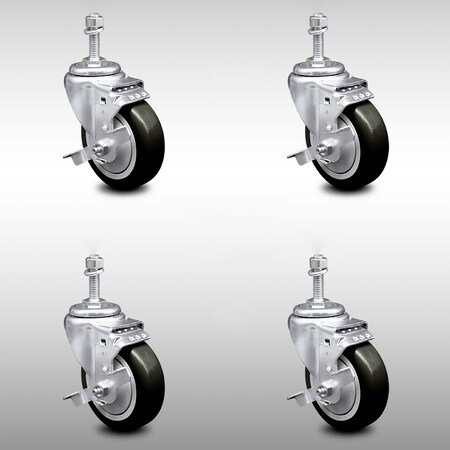 Service Caster 4 Inch SS Black Polyurethane Swivel 10mm Threaded Stem Caster Set Brake SCC SCC-SSTS20S414-PPUB-BLK-TLB-M1015-4